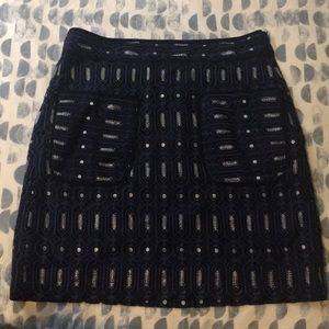 Navy LOFT skirt with silver and blue embroidery